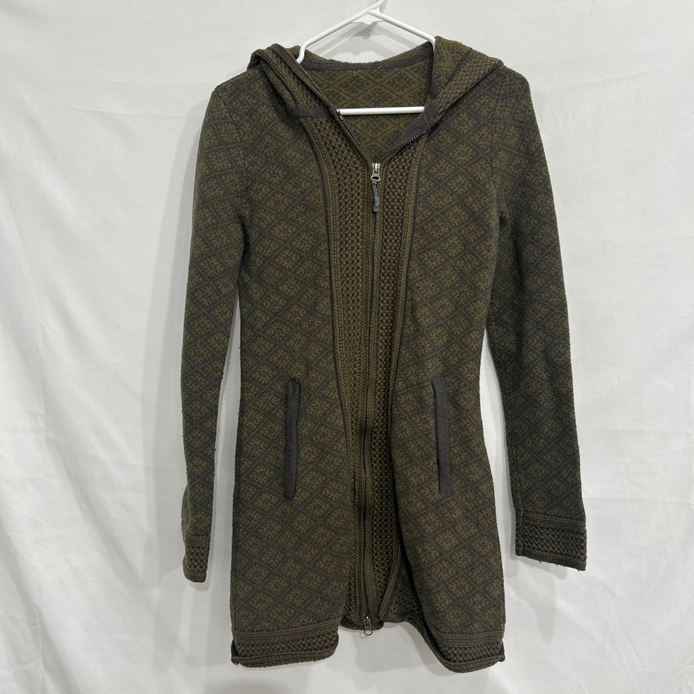 Athleta Womens Wool Blend Full Zip Hooded Longline Cardigan Olive Green 792700